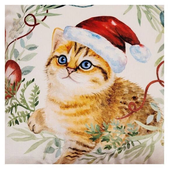 Vintage NWT Microsuede Throw Pillow Christmas Cat Wearing Santa Hat 18x18 - Picture 4 of 7